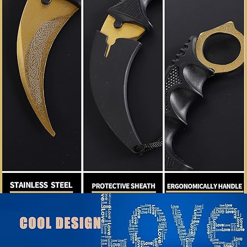 Miniatura 4 de TOPOINT Paquete de 2 cuchillos Karambit sin filo de corte sin filo con funda para principiantes (dorado-verde)