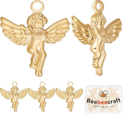 Beebeecraft 1 caja de 14 dijes de ángel chapados en oro de 18 quilates de acero inoxidable con alas de ángel para mujer, collar, pulsera, aretes,