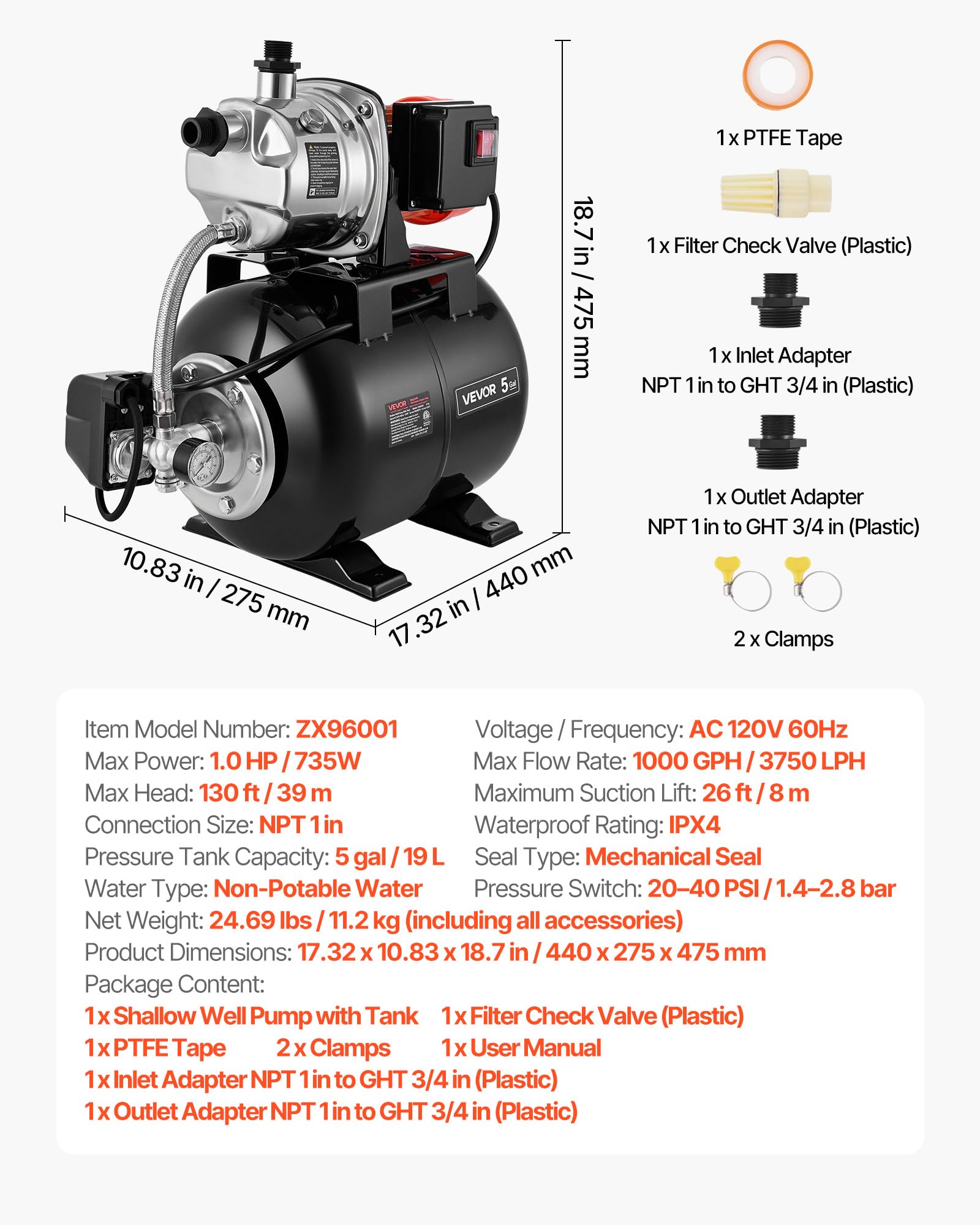 VEVOR Groupe de Surpression 735 W 19 L Pompe avec Réservoir de Pression