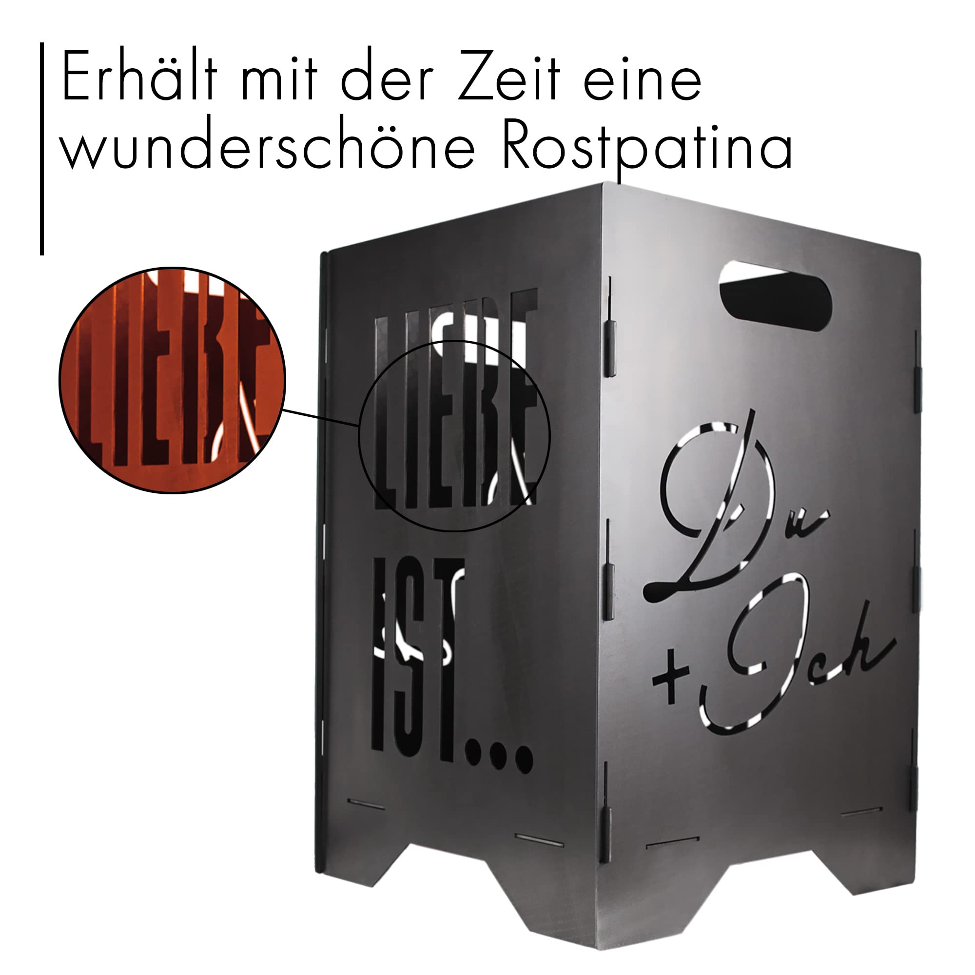 EXTRAVAGANT® Feuertonne Feuerstelle Feuerkorb Feuersäule für den Garten Terrasse Stahl Rostoptik Unikat Edelrost Geschenk Liebe