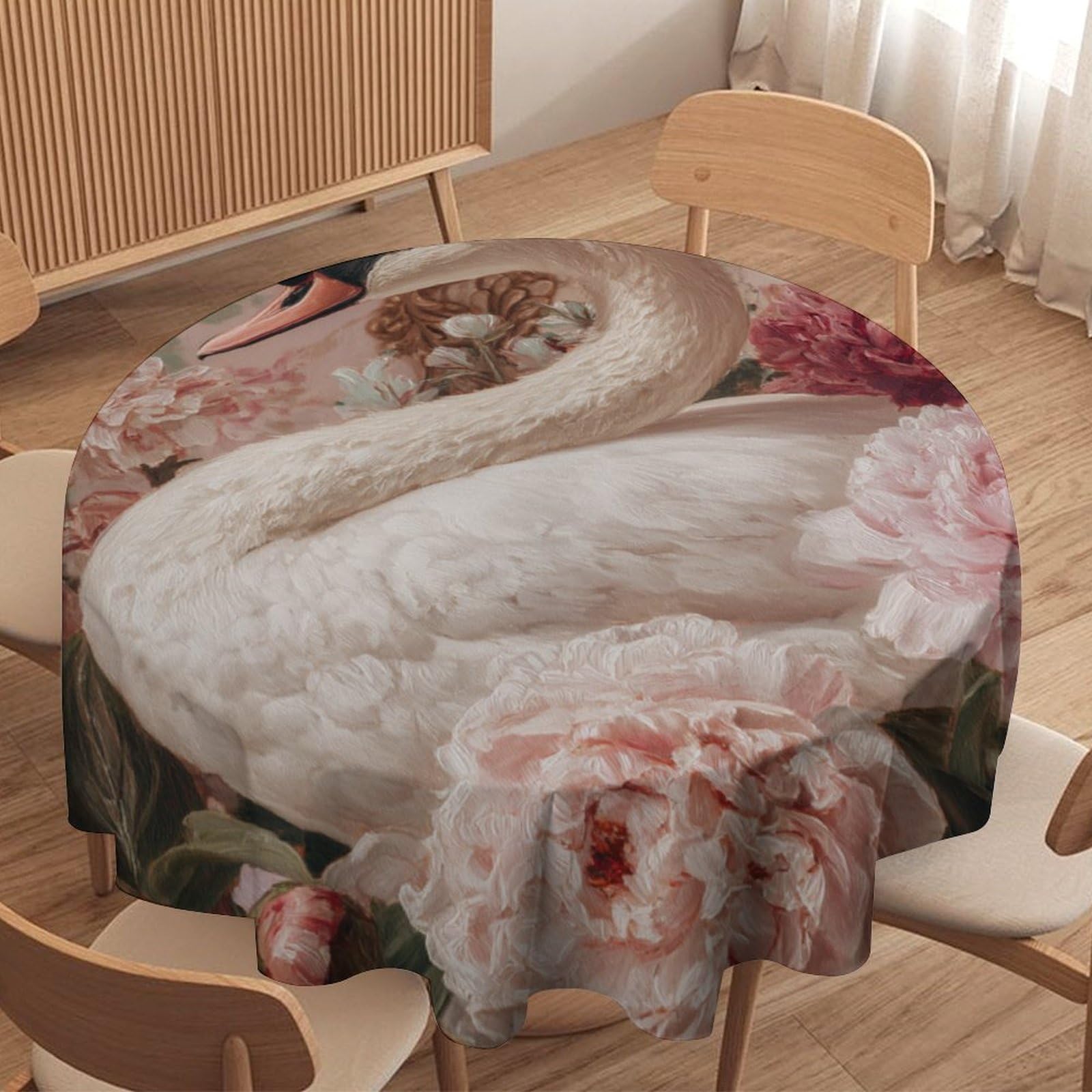 LUYYSKY Beautiful Vintage Animal Swan Round Tablecloth Fantasy Romantic White Swan Pink Rose Floral Pattern Washable Decor for Table Cover for Kitchen-127 Wx127 L cm