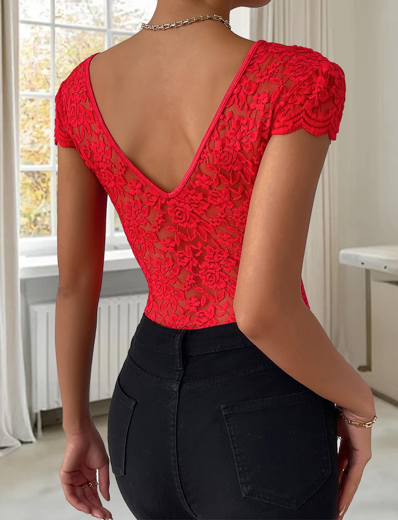 Femme Body en Dentelle Haut Sexy Moulante Top Manche Courte Transparent Tenue Slim Fit Col en V Chic et Elegant XS-L