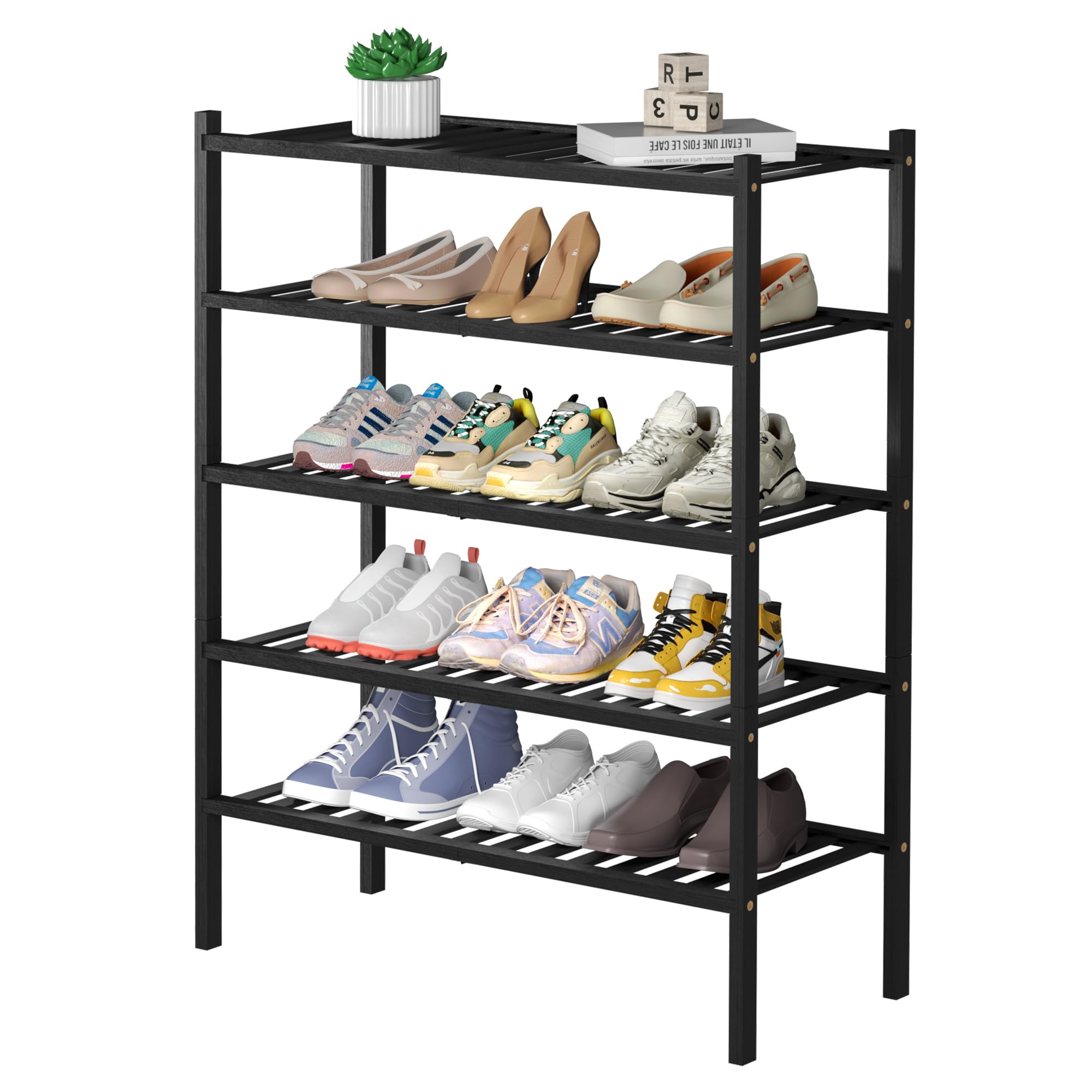 ROMGUAR CRAFT 5 Tier Bamboo Shoe Rack for Closet Free Standing Wood Shoe Shelf for Entryway Small Space Stackable 27"x11"x33" (Black)