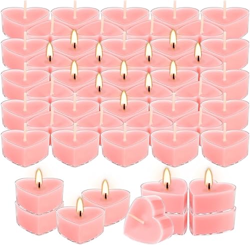 Miniatura 2 de Paquete de 50 velas de té con forma de corazón rosa (4 horas de combustión), velas perfumadas con aroma a rosa para el día de San Valentín,