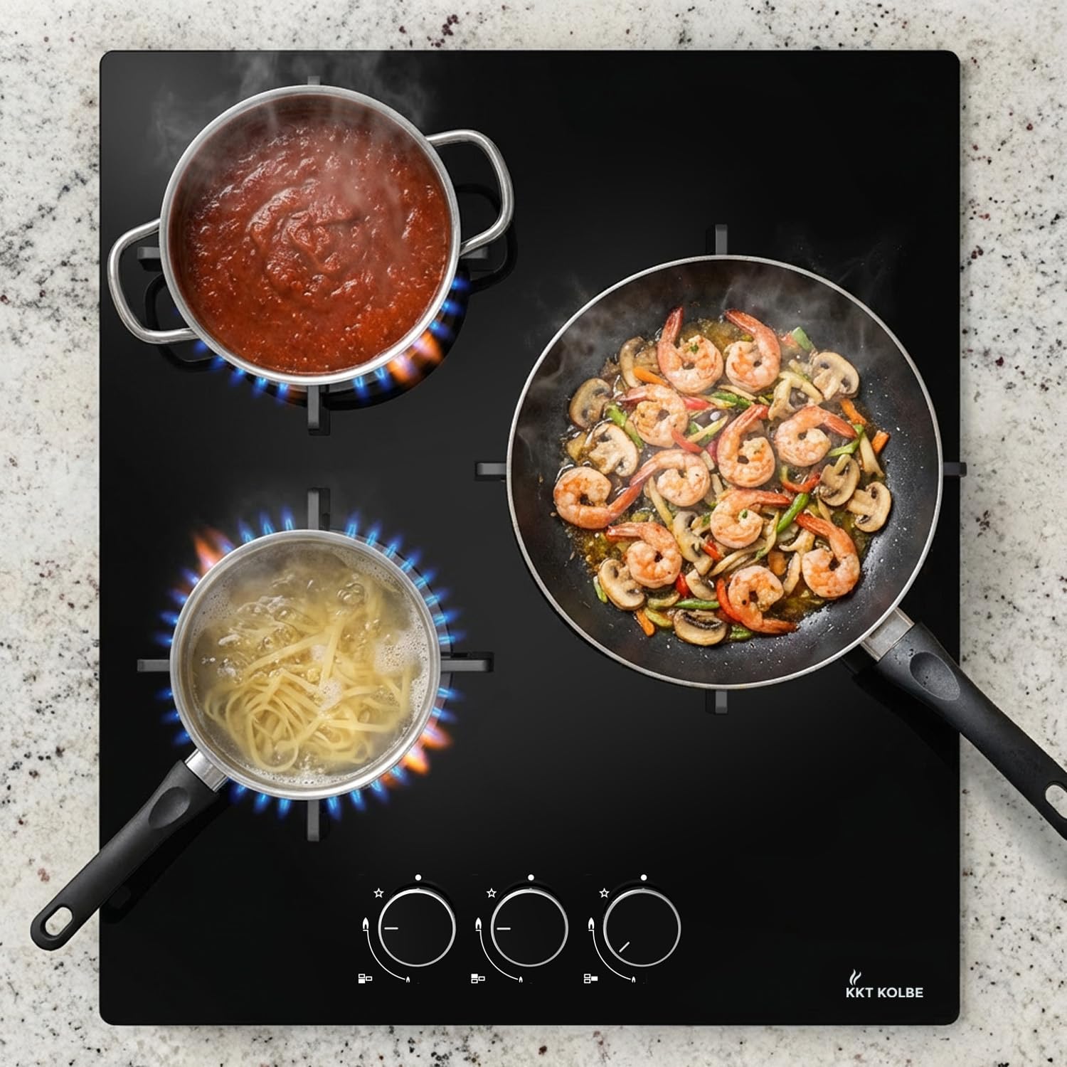 KKT KOLBE G453G Plaque de cuisson à gaz 45 cm, autonome, 6,2 kW, 3 feux, réglable en continu, zone wok, sans cadre, commande à bascule, support de casserole en fonte, verre, gaz propane, gaz naturel