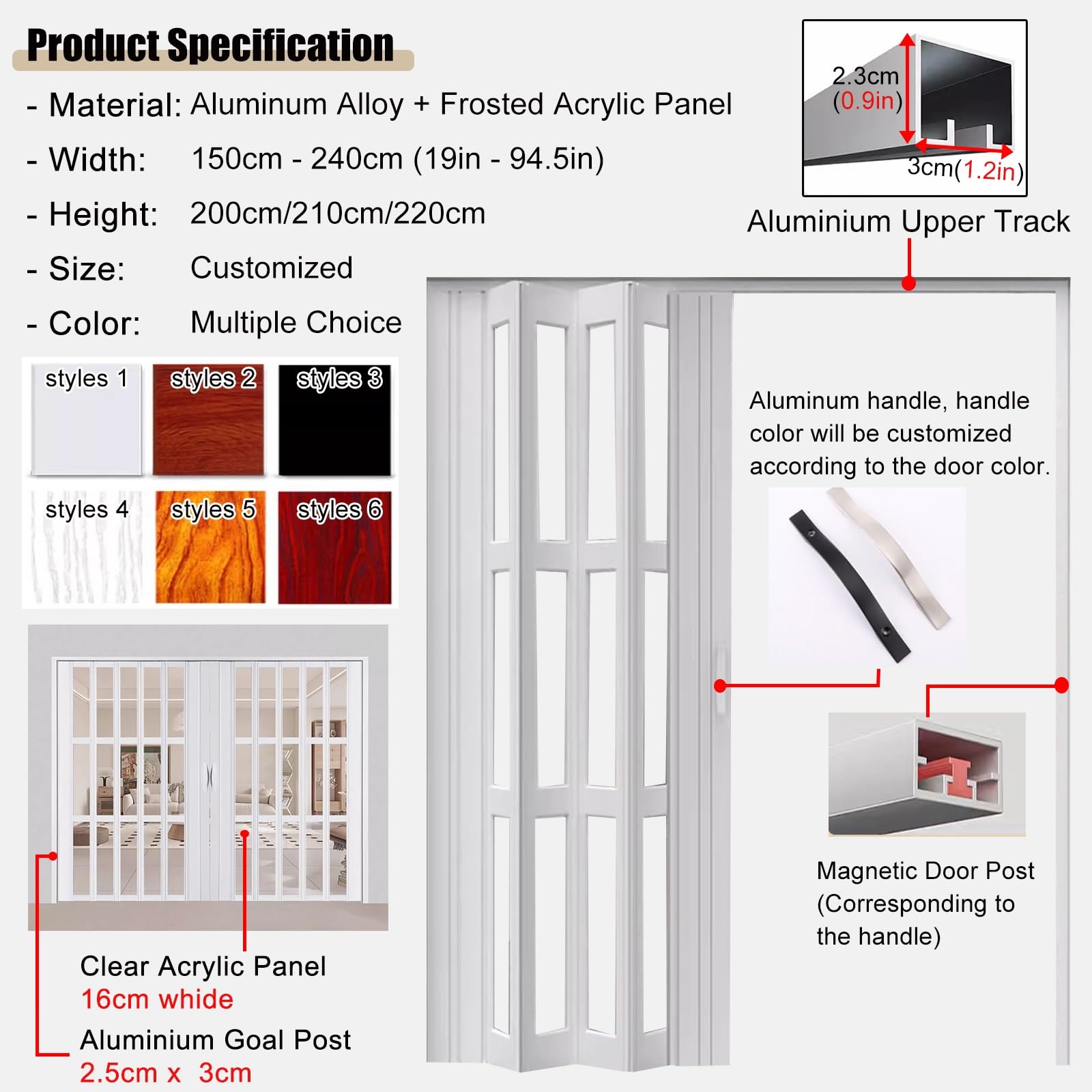 HDYZJQ Customize Size White Retractable Sliding Door, Room Dividers Folding Privacy Door with Glass, Interior Accordion Door for Bathroom/Kitchen/Cabinet/Large Opening(105x180cm/3.4x5.9ft)