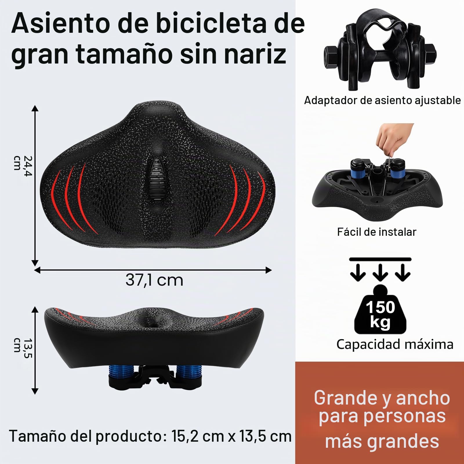 Asiento de Bicicleta de Gran tamaño Mejorado para Hombres y Mujeres, cojín de Asiento de Bicicleta Extra Ancho sin Nariz, Impermeable, cómodo sillín de Bicicleta de Espuma viscoelástica, Apto para