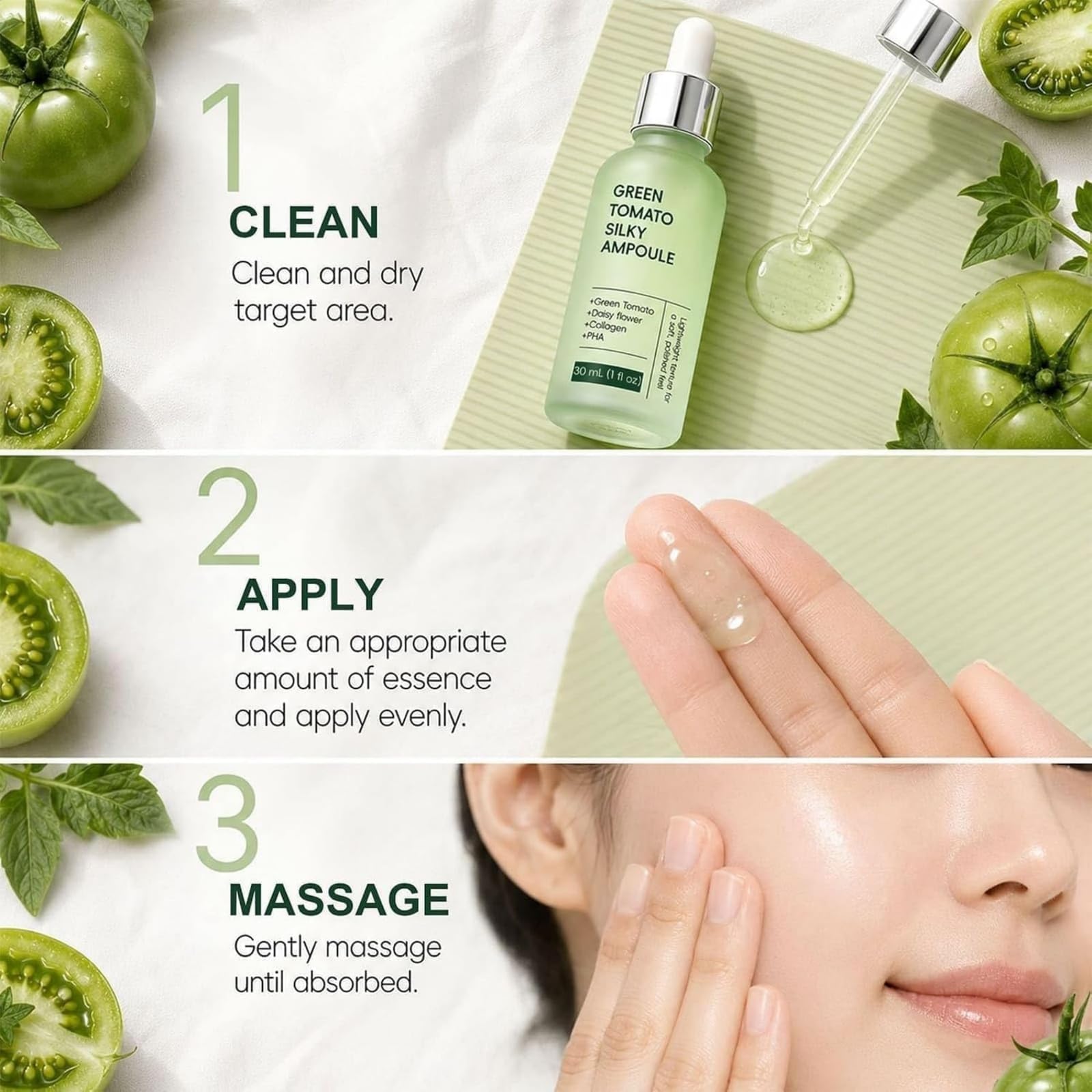 Ampolla Di Sollevamento Dei Pori Del Pomodoro Verde, Olio Del Viso Delicato Di Collagene Per I Pori, Cura Idratante Per La Pelle Sensibile, Formula Naturale, Cura Della Pelle Leggera (3pcs)