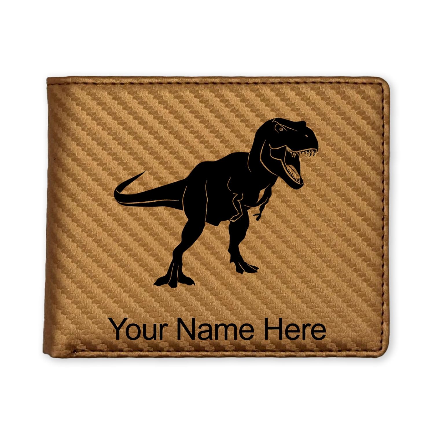 LaserGram Faux Leather Bi-Fold Wallet, Tyrannosaurus Rex Dinosaur, Personalized Engraving Included (Carbon Fiber Bronze)