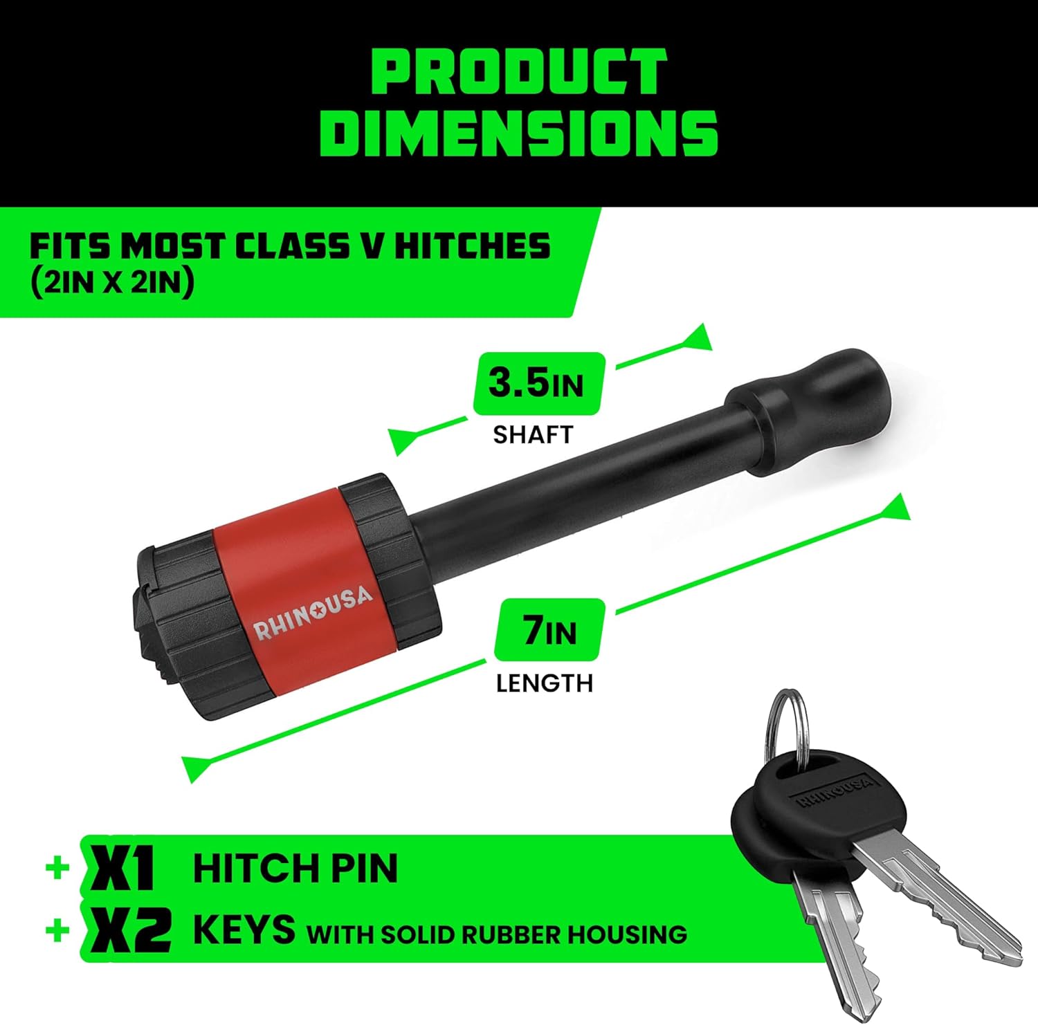 Rhino USA 2” Trailer Hitch Pin – Patented Locking Receiver Pin for Class III/IV Hitches – Weatherproof, Anti-Theft, Debris-Protected – Tow Truck Ready – Red 1PK