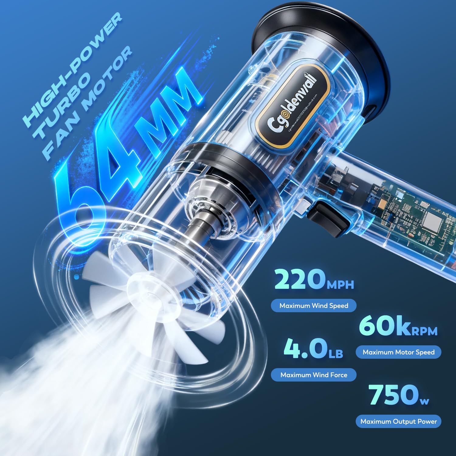 CGOLDENWALL Soplador de Hojas 21V con 2 Baterías de 4,0 Ah, Motor de 60000 RPM, 4 Velocidades Ajustables, Portátil para Jardín, Patio, Coche y Limpieza de Nieve