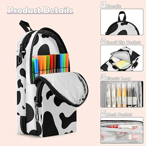 Miniatura 4 de Estuche para lápices de piel de vaca negra, bolsa de gran capacidad con compartimento, organizador de papelería con forma de mochila escolar para
