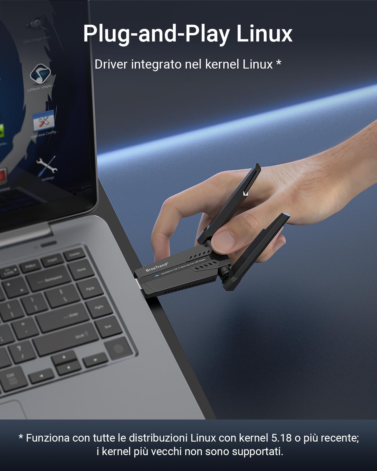 BrosTrend AXE3000 Tri-Band Chiavetta WiFi Linux Plug & Play con Ubuntu, Fedora, Mint, Debian, Arch, Kali, Manjaro, Raspberry Pi OS etc. Adattatore WiFi USB Linux per PC Fisso, WiFi-6E 6GHz/5GHz/2.4GHz