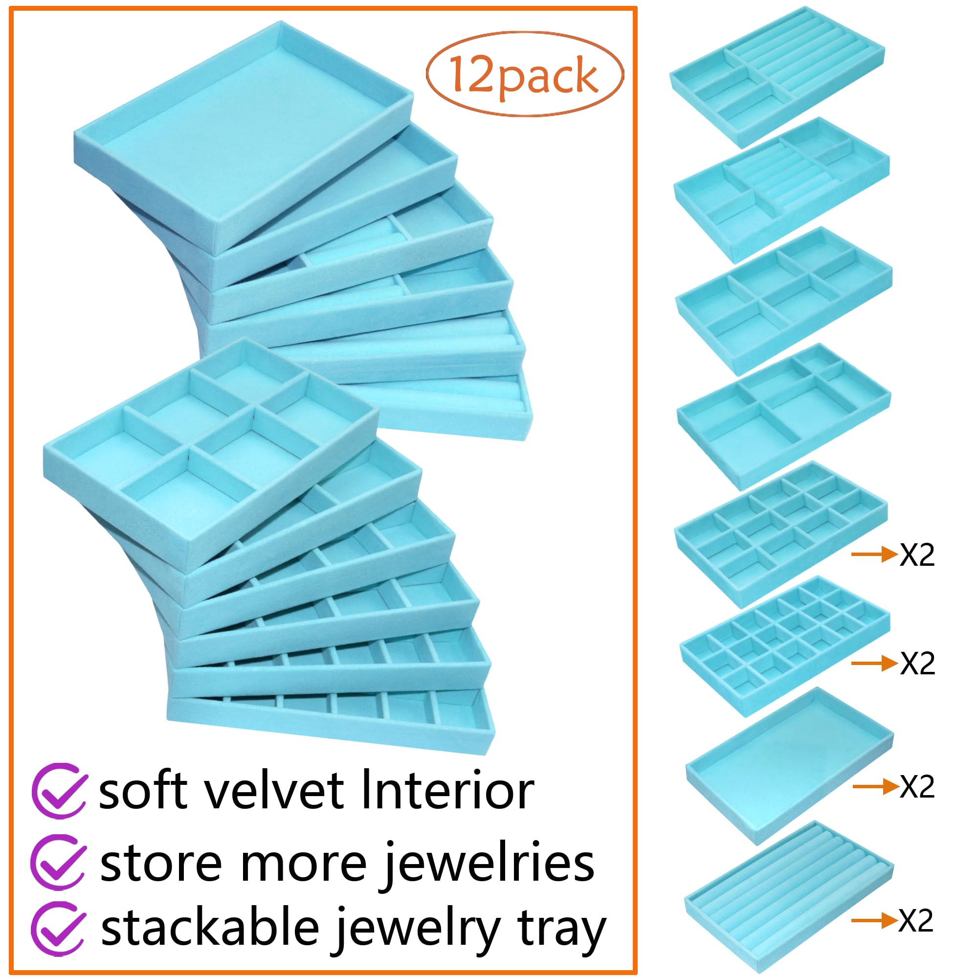 12 bandejas de terciopelo para joyas, organizador de joyas, collares, pulseras, pendientes, anillos, broches, relojes, color azul