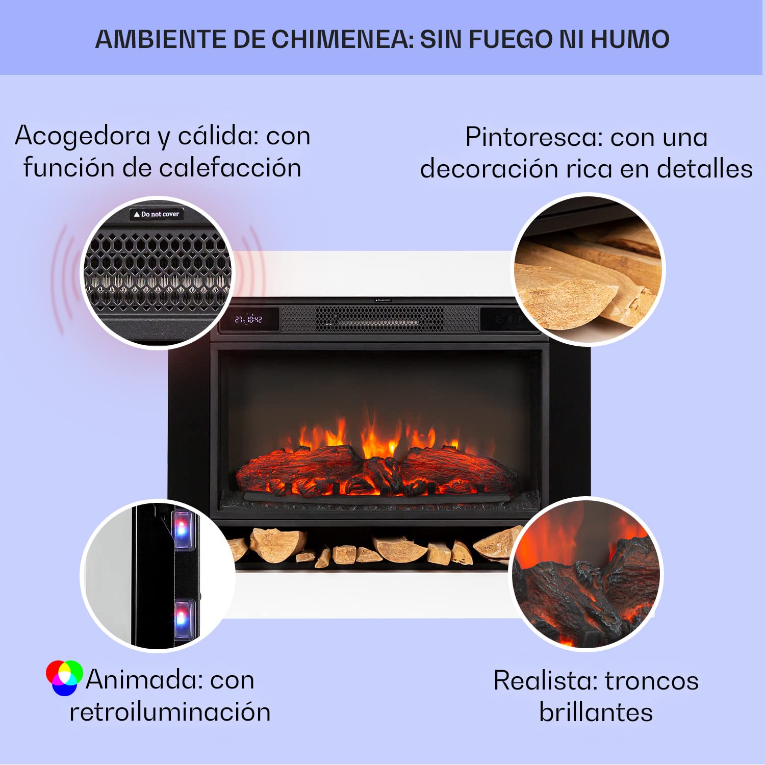 Klarstein Chimenea Electrica Pared, Llama LED con una Potencia de 1900W y Mando, Temporizador y Control Automático de Temperatura, Chimenea Interior Casa con Efecto Troncos, Estufas Interior