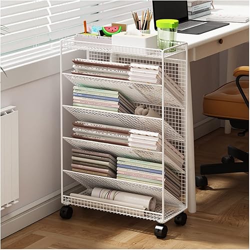 SYALEO Librero Carrito de libros de 6 estantes con ruedas bloqueables con ruedas bloqueables, diseño moderno y elegante, estantería de metal para