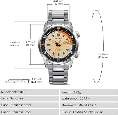 BERNY Men's Automatic Dive Watch 200M Waterproof Scratch-Resistant Sapphire