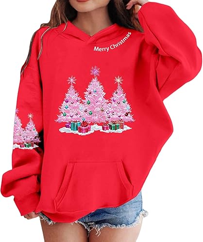 Merry Christmas Kids Hoodies Boys Girls Christmas Tree Long Sleeve Shirts Toddler Xmas Holiday Pullover Sweatshirts 9-10 Years J08#04 Red