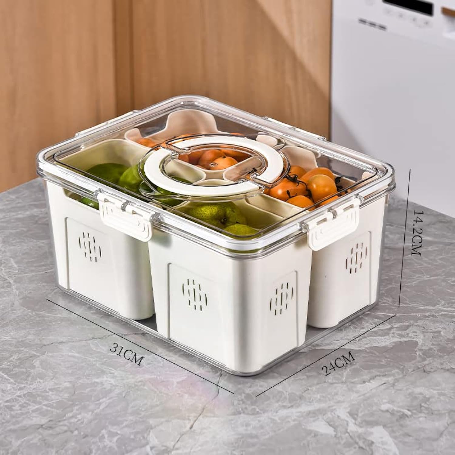 NEEMAY Refrigerator Organizer Box, Food Storage Container Fruit Storage Bin with 4 Drain Basket in One Container, Stackable Vegetable Strainer Box High-Capacity with Lid with Handle 1 Box/Set of White