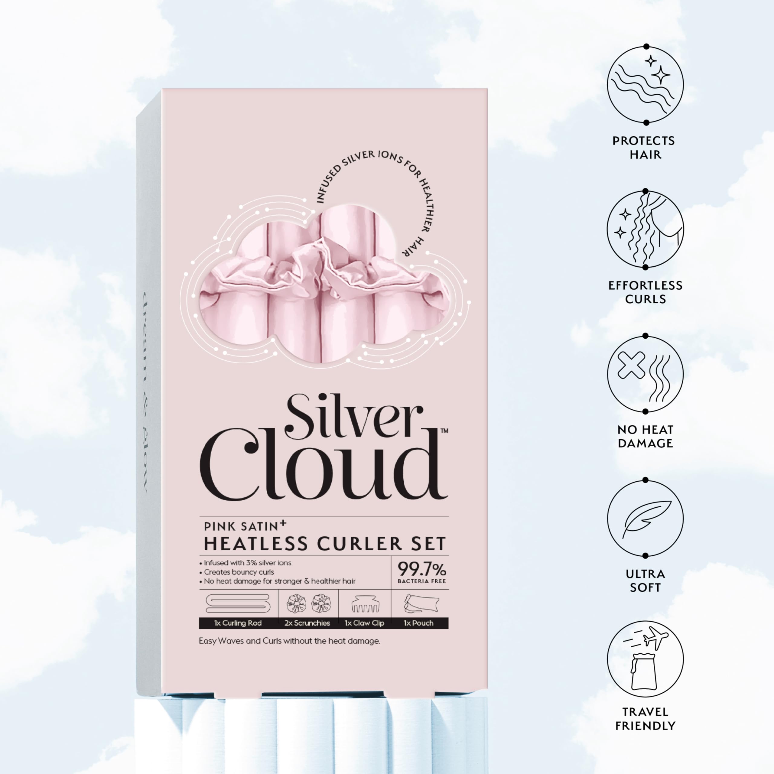 Silver Cloud Satin Heatless Curler Set Infused with Silver Ions - Effortless Curls, No Heat Required (Pink, Medium) - Image 2