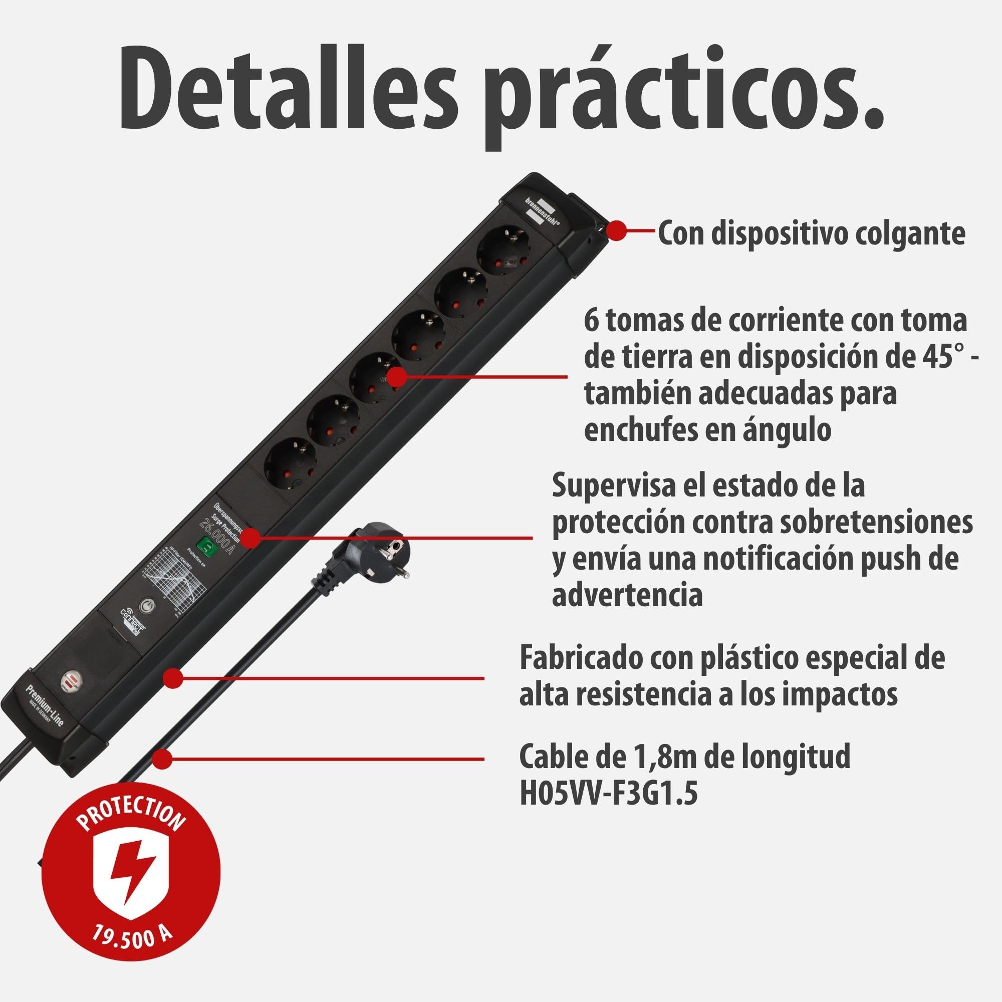 Brennenstuhl Connect Premium-Line Regleta Enchufes WiFi de 6 Tomas con protección Inteligente contra sobretensiones (Amazon Alexa y Google Assistant; App Gratuita; 1.8m; Made in Germany