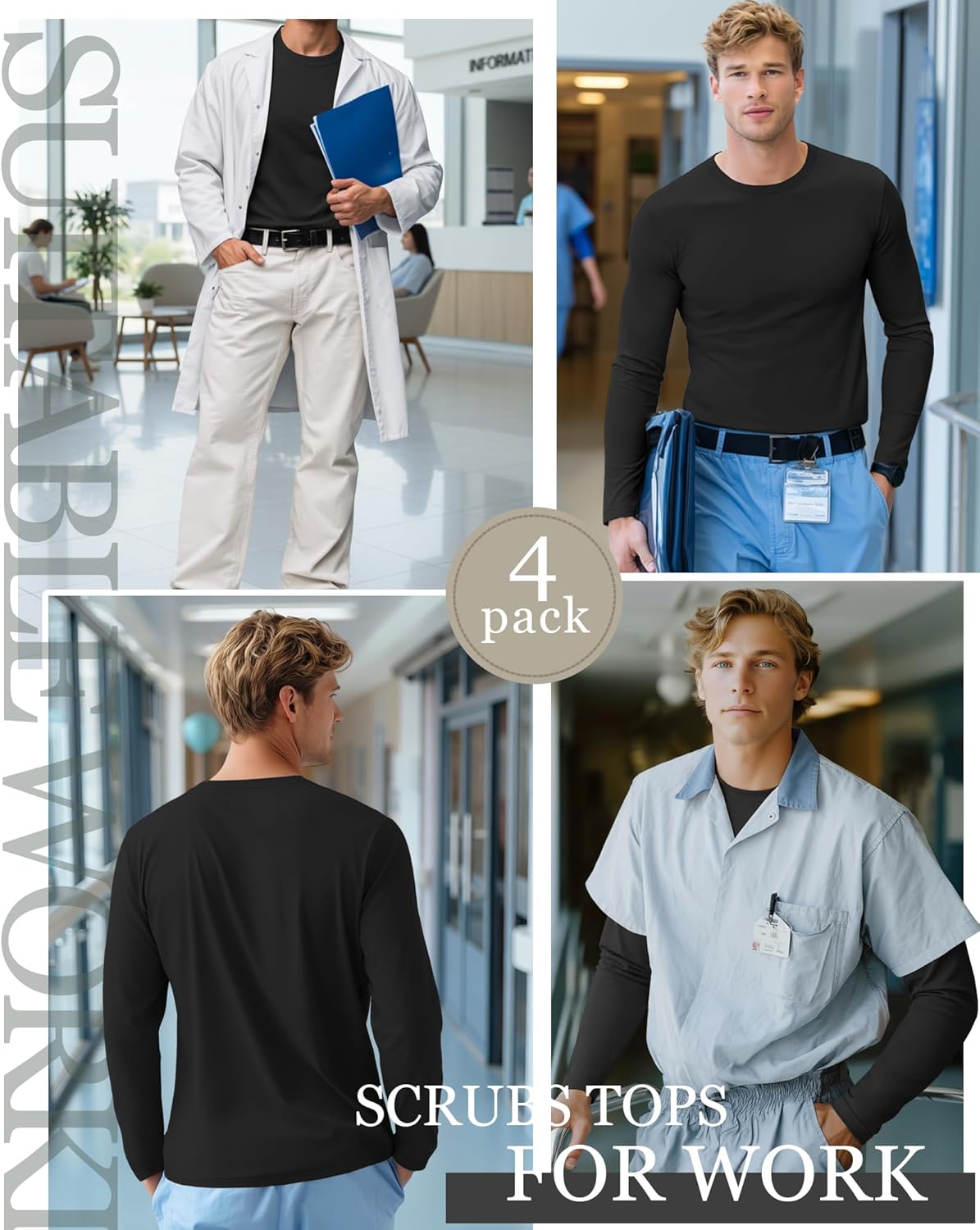 4 Pack Men's Long Sleeve Underscrub Shirts Nurse Crewneck Work Tops Stretchy Laying Undershirts Basic Tee - Image 2