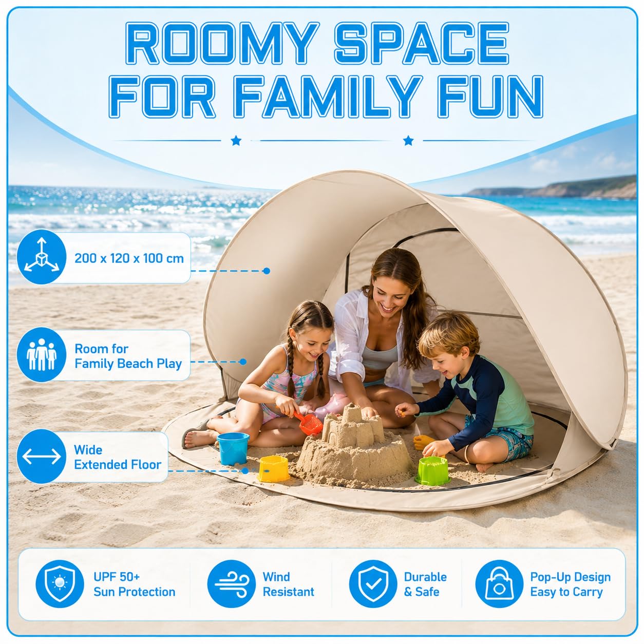 ZVD Tente de Plage Pop Up 3-4 Personnes, Anti-UV UPF 50+Camping (Blanc) | Abri de Plage Coupe-Vent avec Sol Amovible, Pare-Soleil Portable pour Plage, Camping, Jardin, Pique-Nique et Pêche
