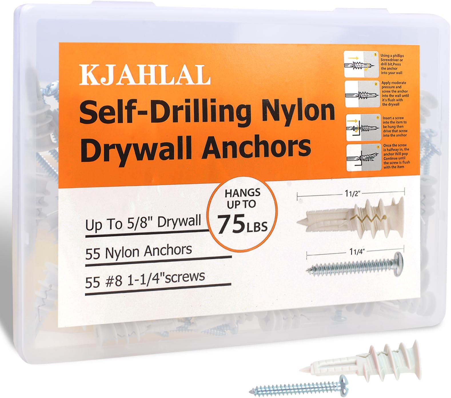 #8 Drywall Anchor, 110 Pcs Self Drilling Drywall Anchors and Screws kit, No Pre Drill Hole Preparation Required, 55 Drywall Anchors and 55#8 x 1-1/4'' Screws, 75LB Hanging