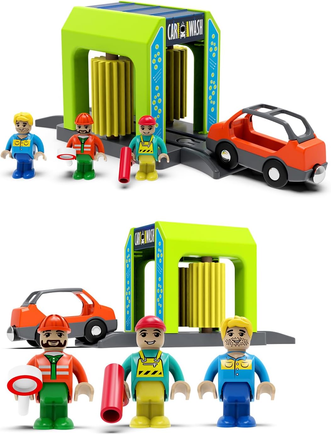 Car Wash Toy Train Set Accessories for Wooden Tracks, Car Wash Station Playset Expansion Pack for Boys Toddlers,Compatible with Brio,Thomas image 3