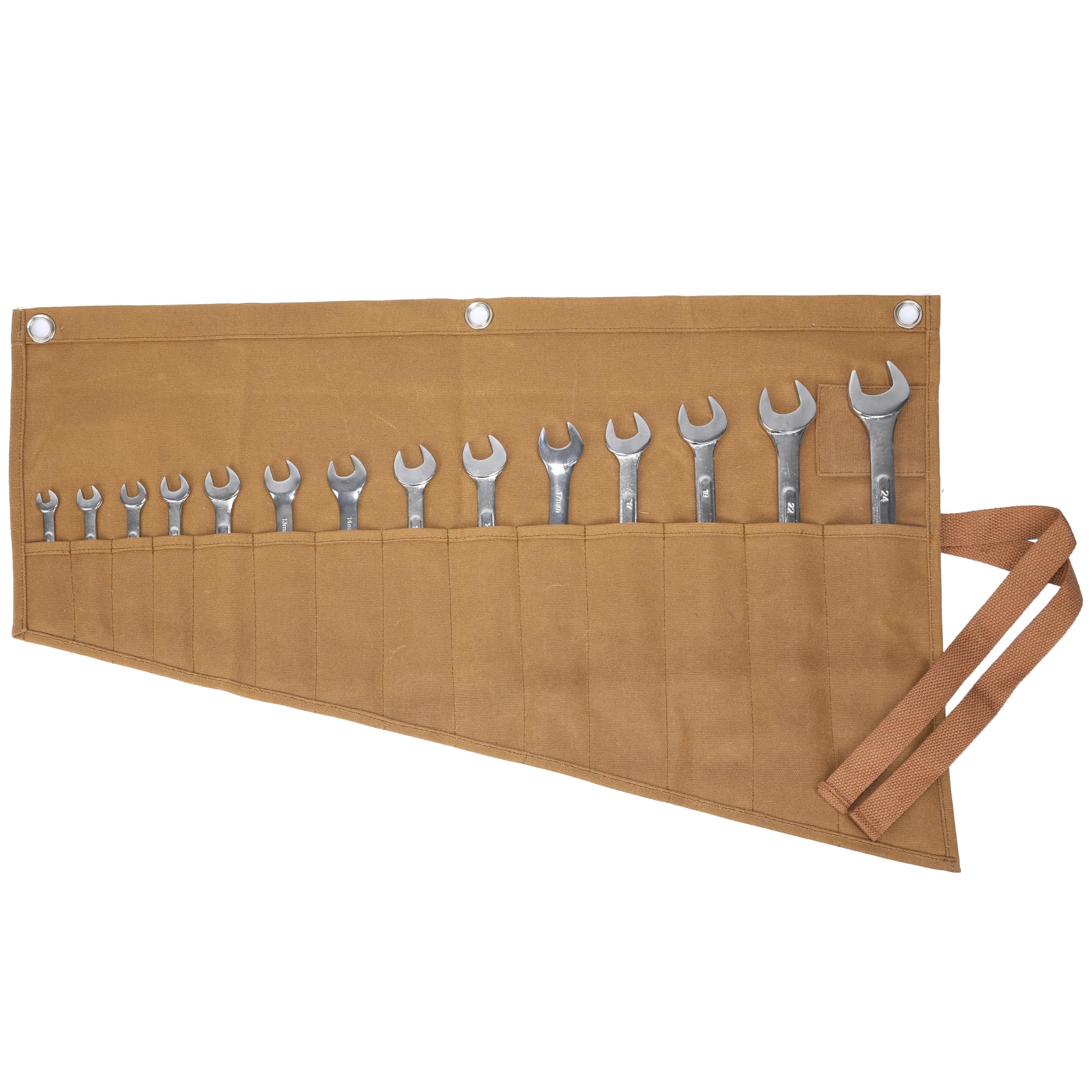 Kaaltisy Khaki Wrench Roll, 16Oz Waxed Canvas Rolling Up Tool Bag - 14 Pockets - Metric & Sae Wrench Set Storage Roll | | 70X45cm
