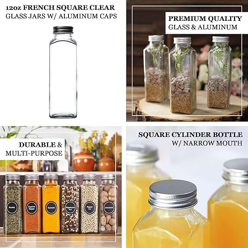 Miniatura 4 de Efavormart - Paquete de 12 frascos de vidrio transparente cuadrados franceses de 12 onzas con tapas de aluminio, botellas de almacenamiento de