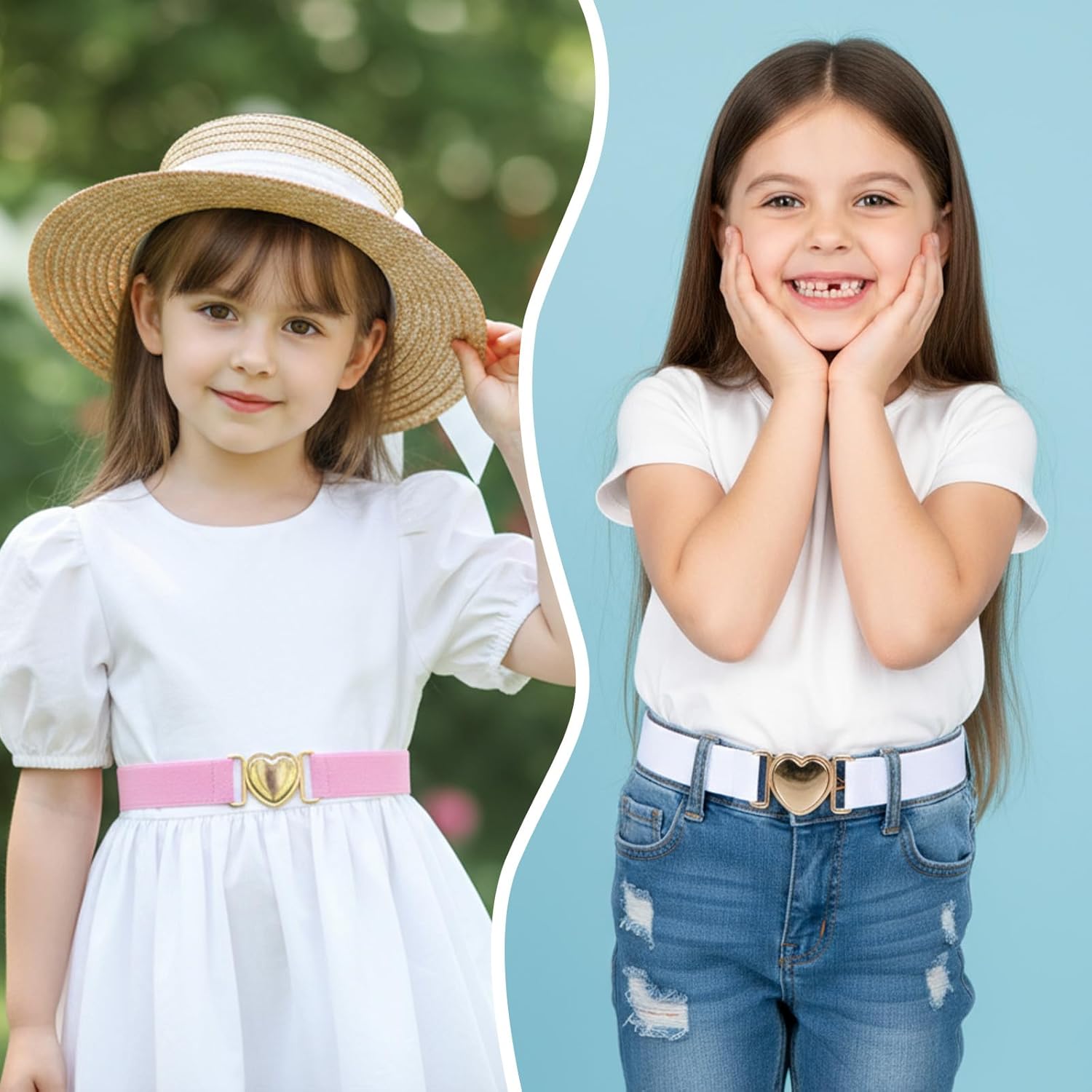 2 Pcs Girls Belts Elastic Waist Belt for Youth Cute Heart Shape Gold Buckle Adjustable Stretch Belts for Girls Pants Jeans Dress Waist Size 16-27" - Image 6