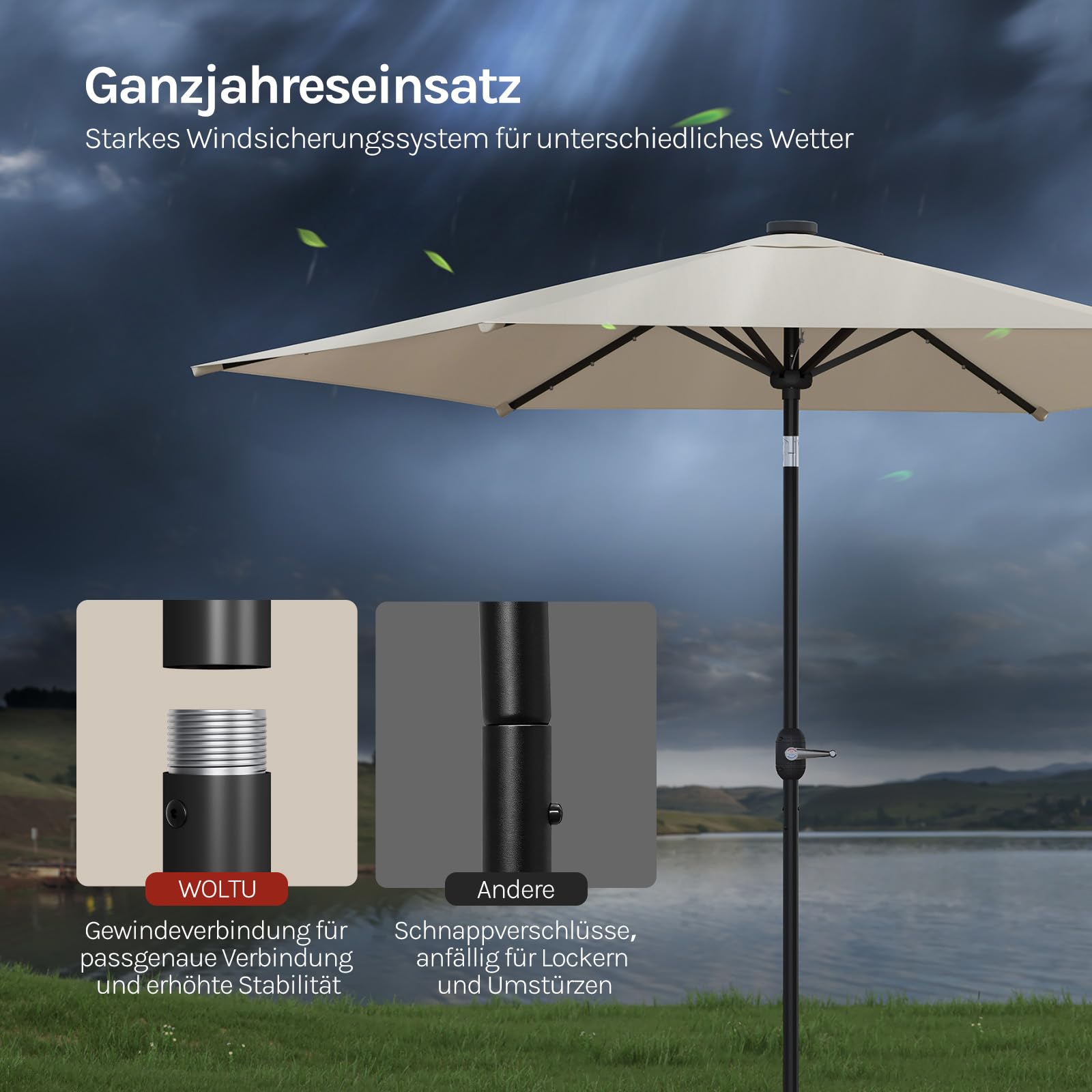 WOLTU Sonnenschirm 300 cm mit Led-Solar-Beleuchtung, UV-Schutz 50+, Gartensonnenschirm neigbar, mit Schutzhülle Kurbel, für Balkon Garten Terrasse, Beige