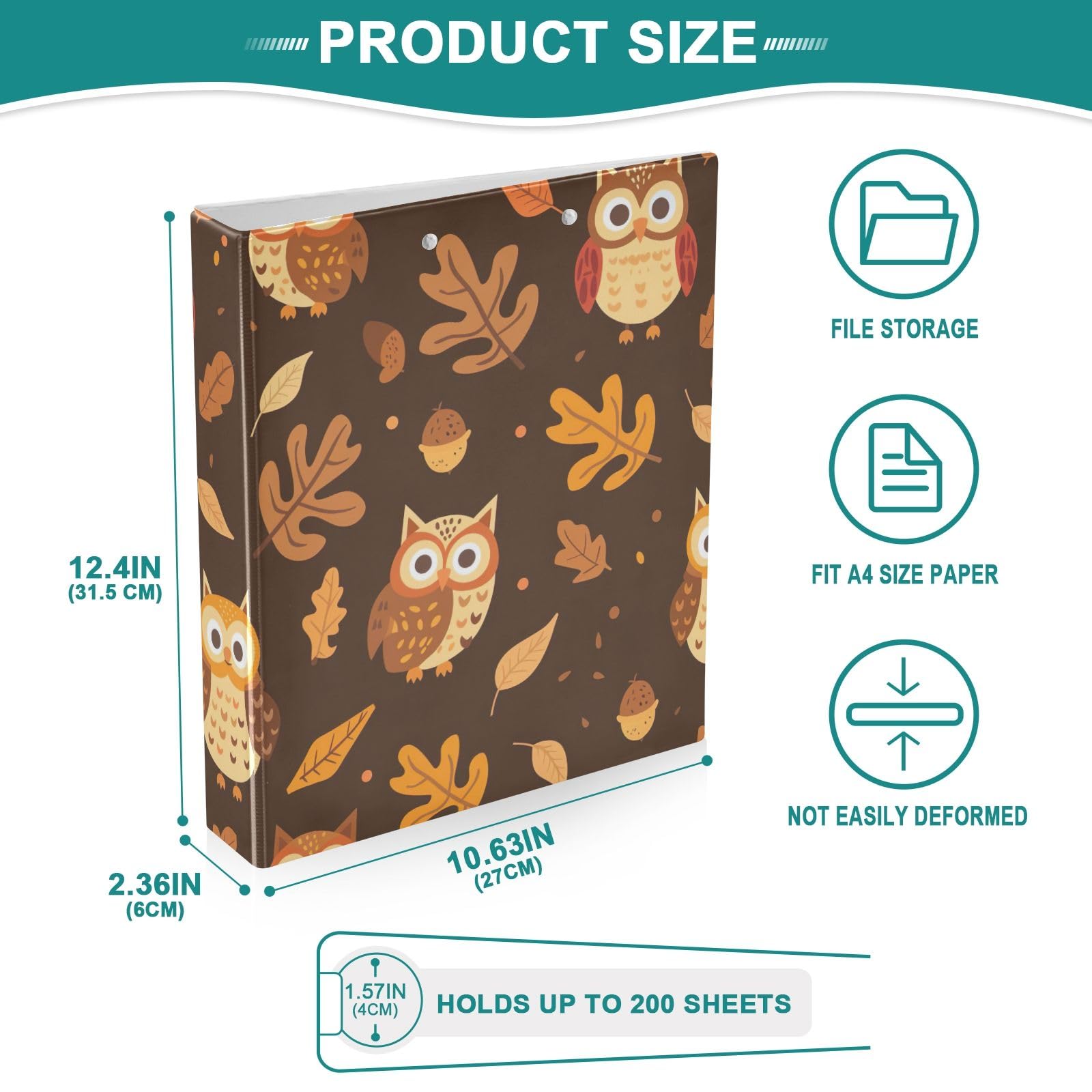 Raccoglitore decorativo a 3 anelli con gufetti autunnali, 3,8 cm, contiene 200 fogli, resistente, per scuola e ufficio, confezione da 2