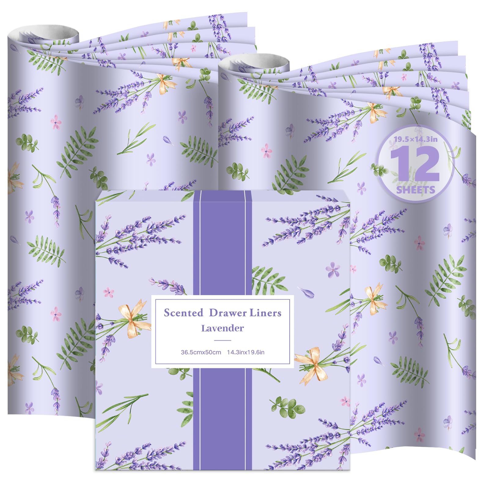 DERDUFT Scented Drawer Liner Paper - Relaxing Lavender Scented Sheets for Drawers and Wardrobes - 12 Large Decorative Sheets 36.5x50cm / 14.4x19.7in for Bedroom Dresser Closet Storage Box