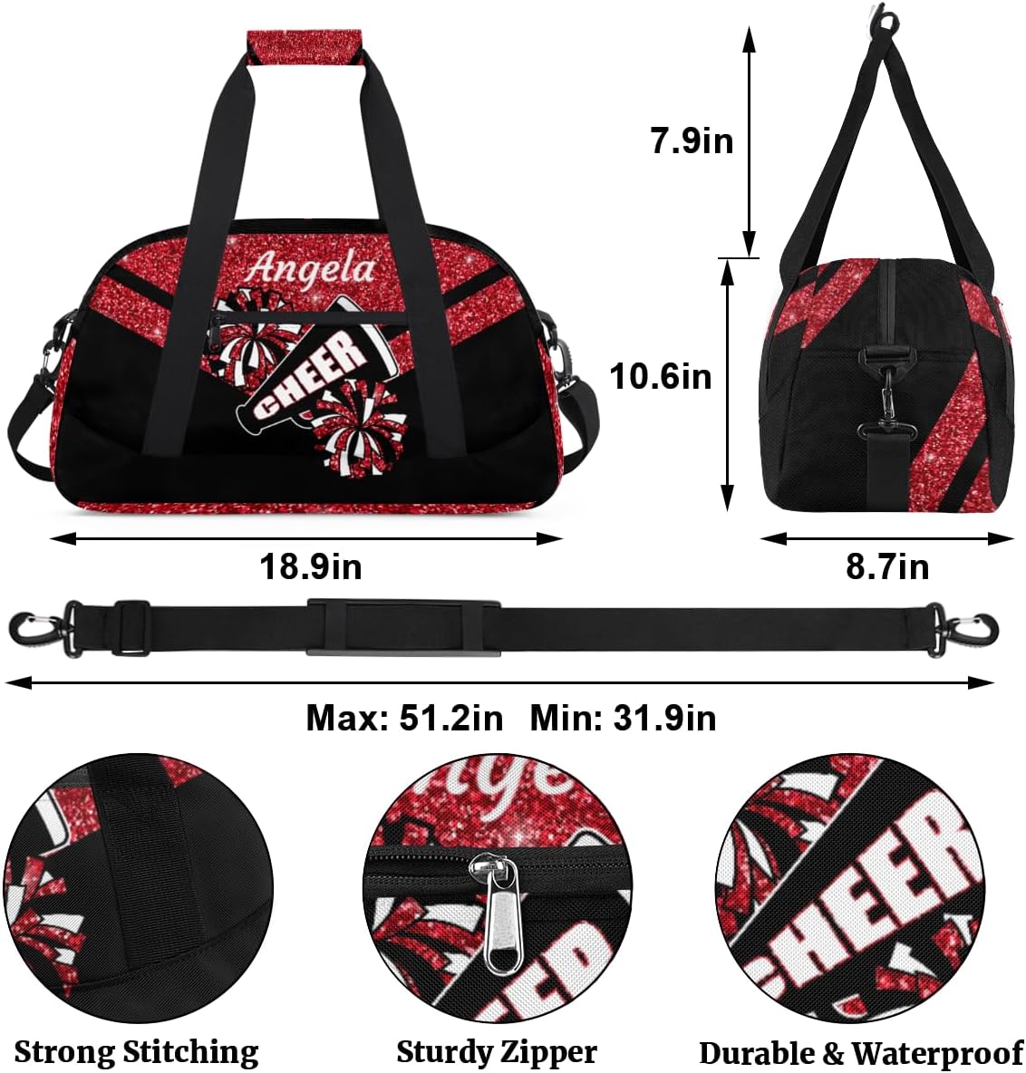 Personalized Cheer Bag Kids Duffel Bag for Girls Red Cheer Theme Small Cheerleader Sport Gym Bag Custom Overnight Weekender Bag Carry on Dance Bag for Traveling Gymnastic