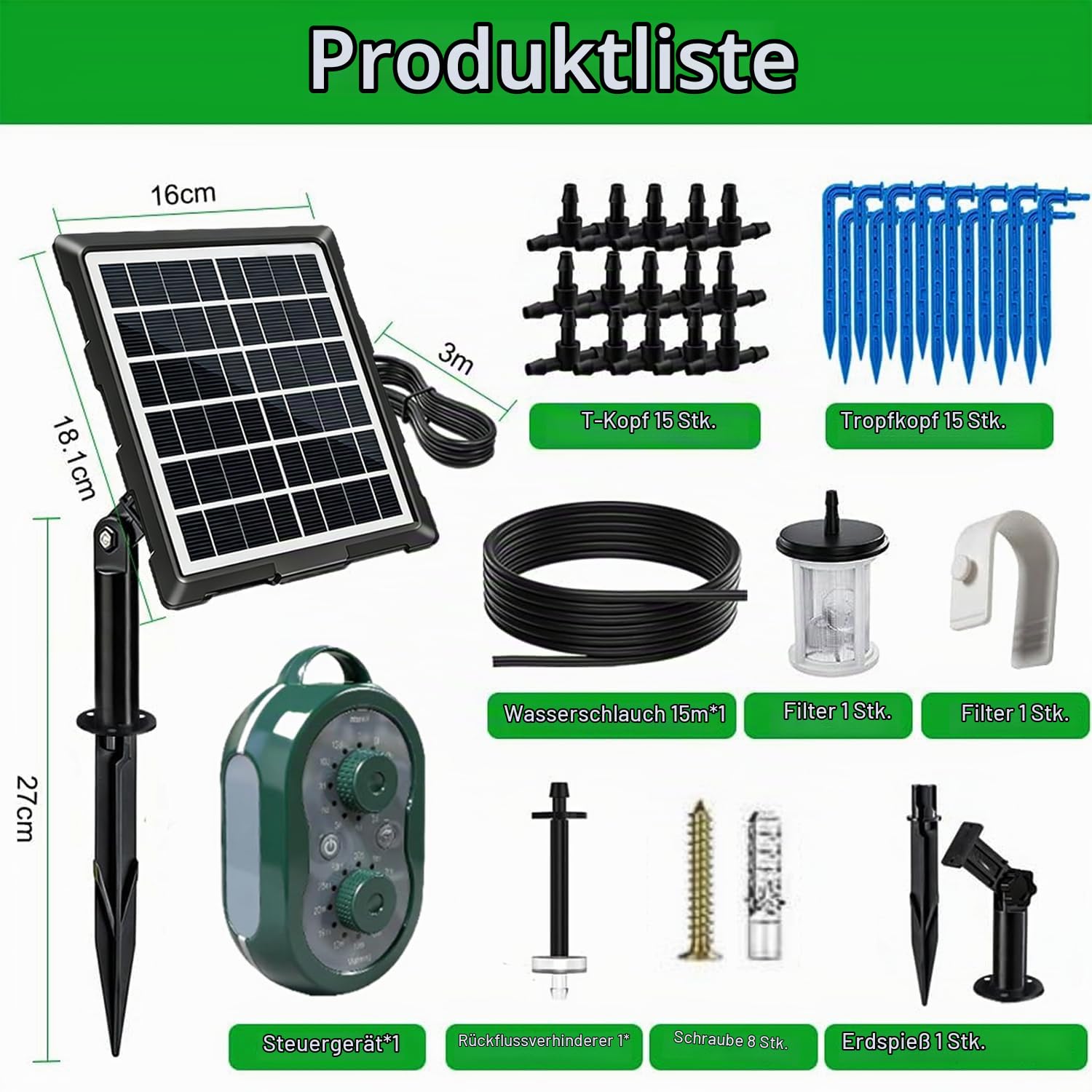 Solar Bewässerungssystem für 15 Pflanzen, Automatisches Tropfbewässerungssystem mit 132 Modi & 15 m Schlauch, Ideal für Balkon, Garten, Hochbeet & Gewächshaus