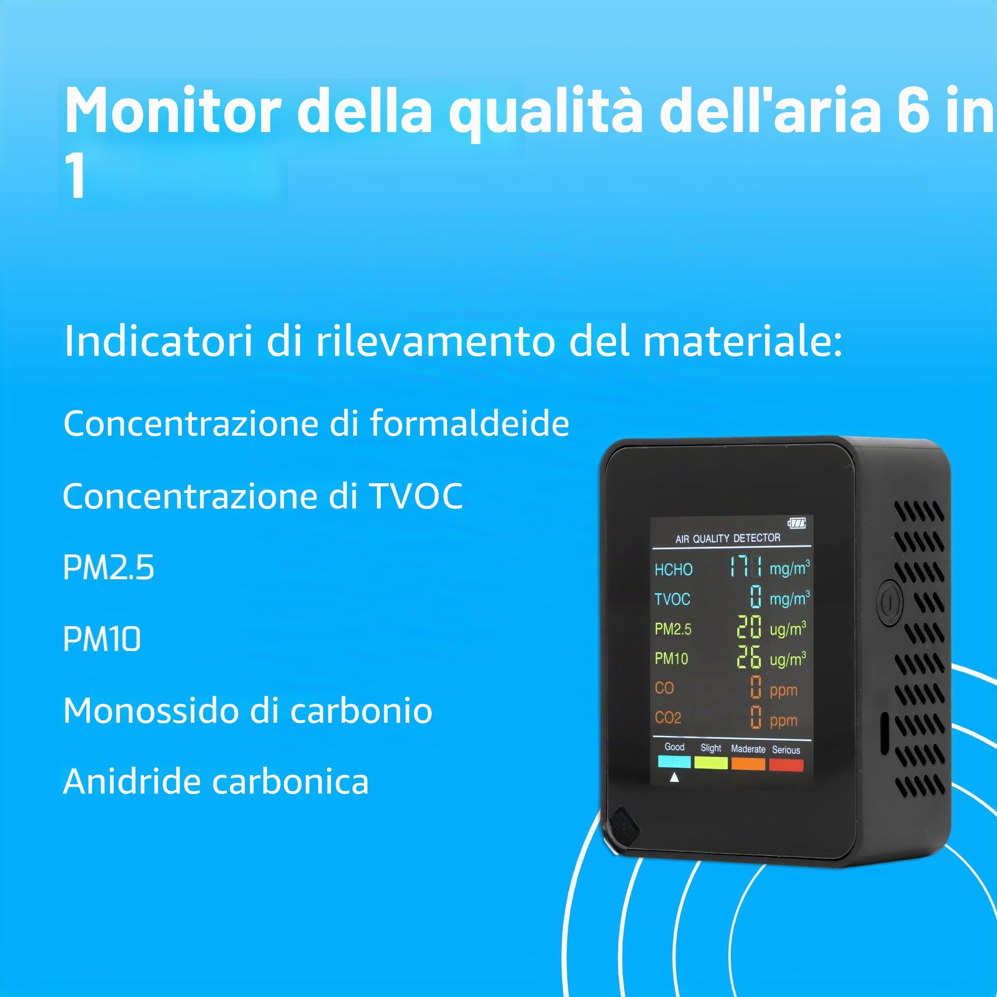 monitor CO2, monitor di qualità dell'aria, retroilluminazione LCD portatile, CO2-TVOC, HCHO PM2.5, rilevatore PM10 con allarme, adatto per famiglia e ufficio