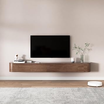 Floating TV Unit, Mounted TV Stand with Flip-Down Doors & Side door, Storage TV Bench Under TV for Bedroom Livingroom (Brown+LED, 240CM)