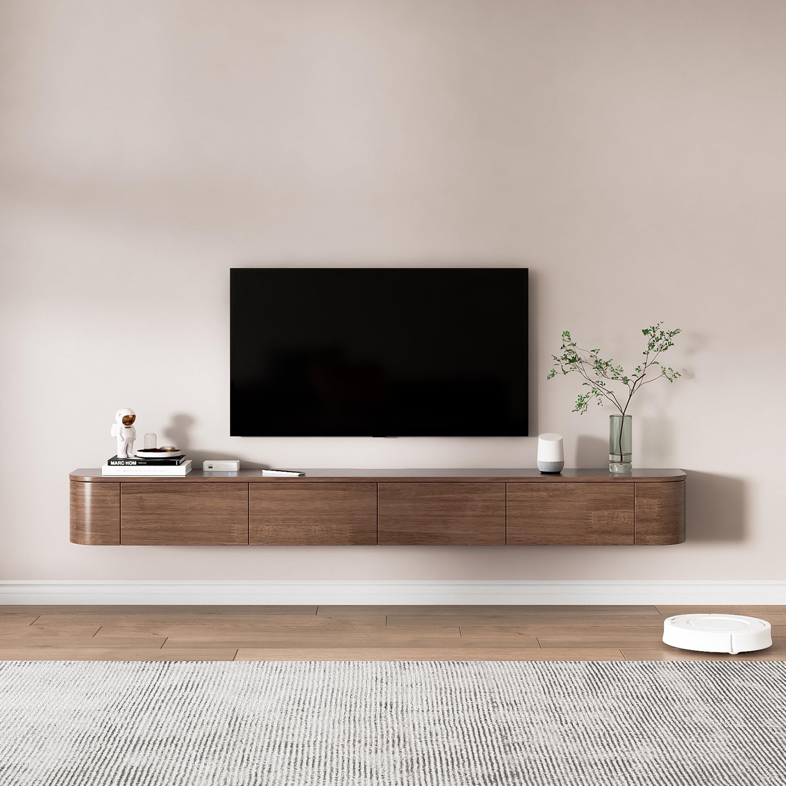 Schwebender TV-Ständer Aus Massivholz, Hochglanz-TV-Wandschrank, Schwebende TV-Regale Mit Tür Und Schubladen, Moderne Entertainment-Medienkonsole (Braun + LED, 240 cm)