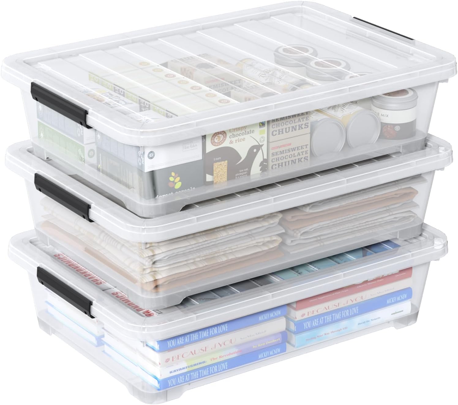 42 L 3 Packs Clear Plastic Under Bed Storage Container with Lid and Wheels, Underbed Stackable Boxes
