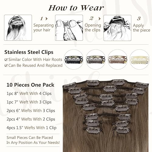 Miniatura 4 de Full Shine - Extensiones de cabello Remy con clip color marrón ceniza 8 que se desvanecen al color 60 extensiones de cabello humano rubio platino