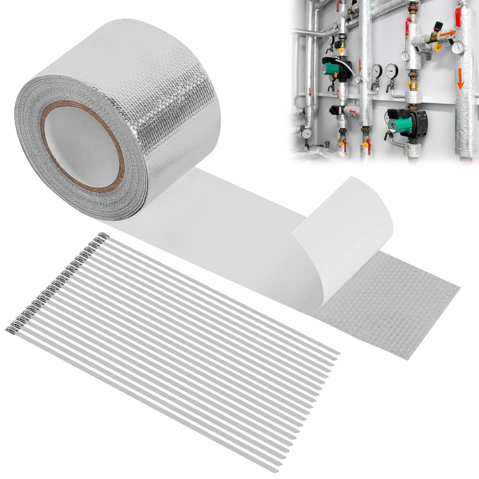 1 Nastro Sigillante per Scarico 5cm x 20m con 20 Fascette in Acciaio Inox, Nastro Adesivo in Alluminio Resistente al Calore, Nastro Impermeabile per Riparazione Marmitta, Tubi di Scarico Auto e Moto