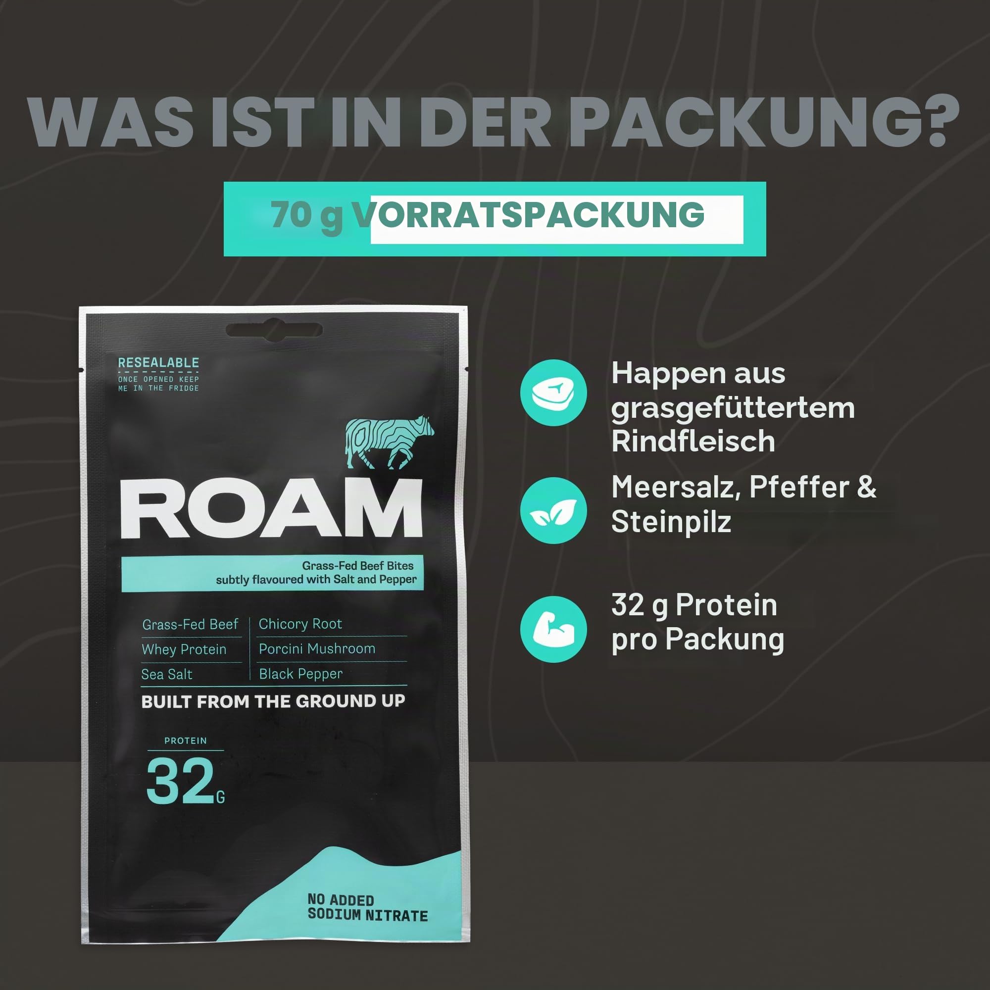 ROAM Low Carb Protein Bites aus Rindfleisch – High Protein Energieriegel & Keto Snack – 6 x 70g – Gesunde, Glutenfreie Fitness Snacks (Beef Bites)