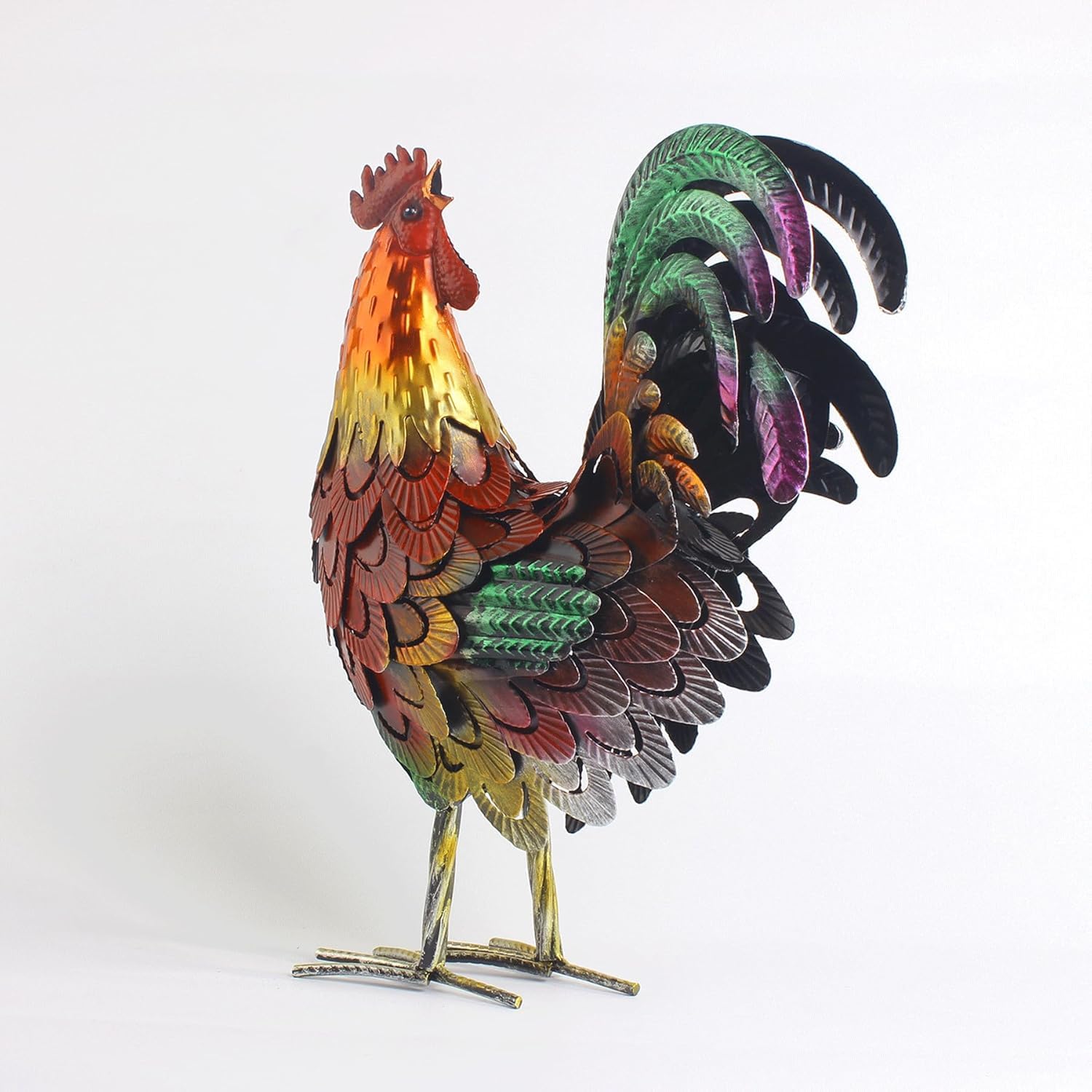Statue Coq Métal Doré Rouge – Sculpture 3D Jardin Cour Terrasse, Décoration Extérieur Animaux Réaliste 32x12x40 Cm