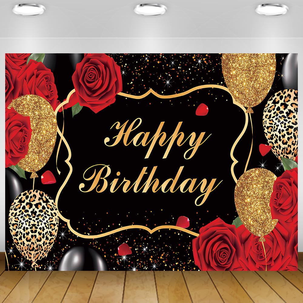 5x3Ft Red Rose Birthday Backdrops for Women Red Black and Gold Happy Birthday Backdrop Banner for Women Glitter Gold Balloons Cheetah Print Birthday