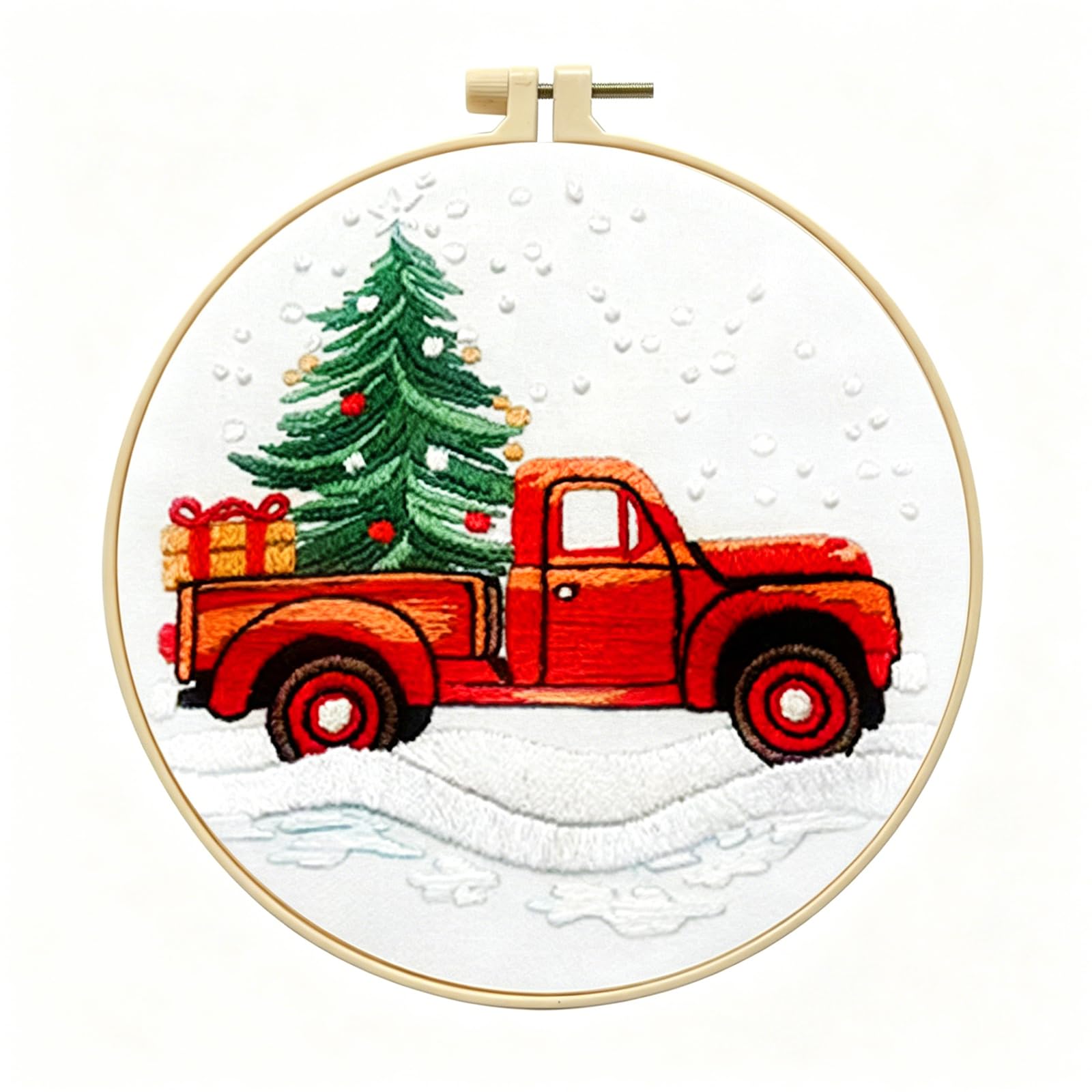 Zhenqing Christmas Red Truck Embroidery Kit for Beginners, Tree and Gifts Needlework Kit with Pre-Printed Fabric, Hoop, Threads &amp; Tools (C0029)