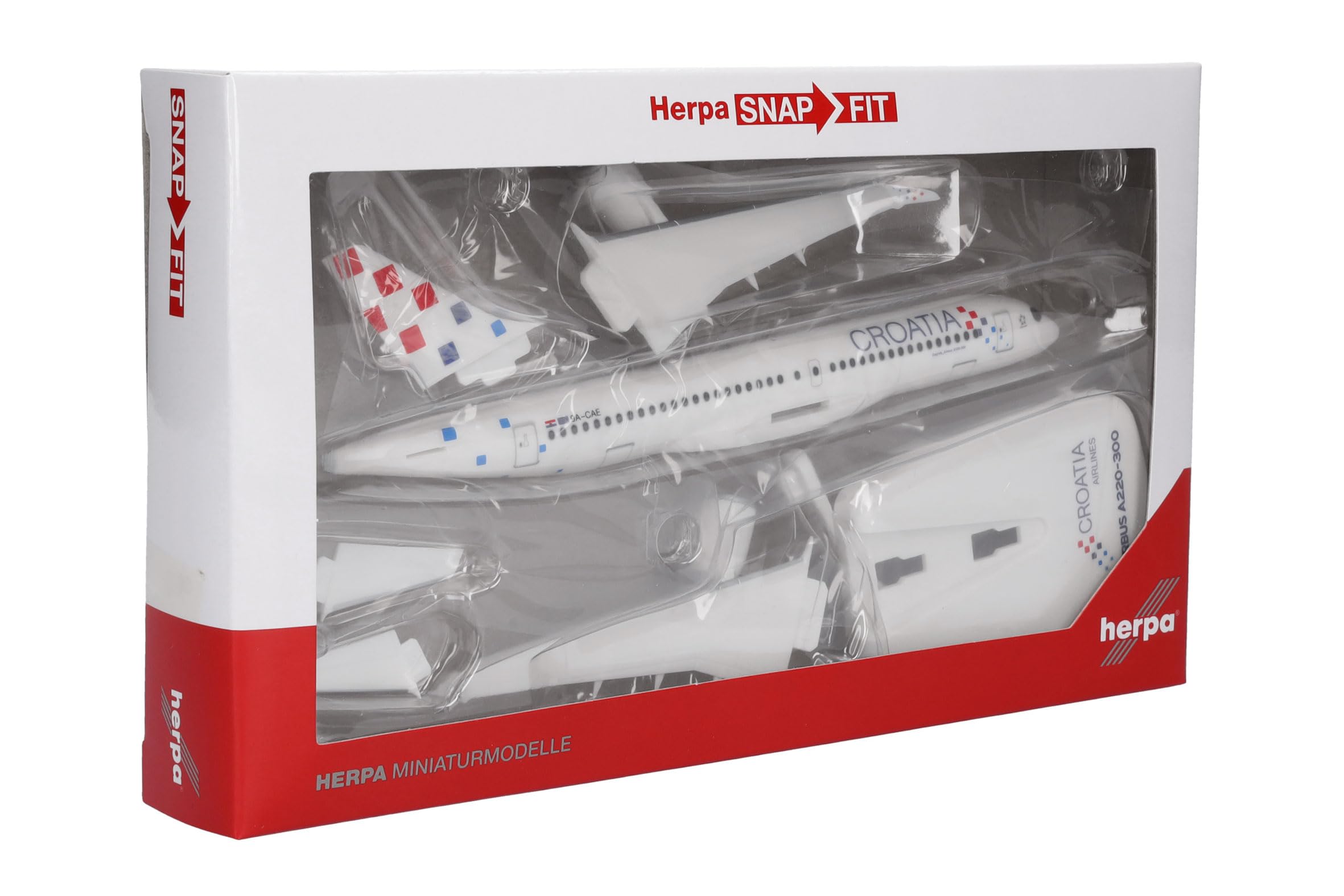 Herpa Snap-Fit Modellflugzeug Croatia Airlines Airbus A220-300 - 9A-CAE Zagreb, Miniatur im Maßstab 1:200, Sammlerstück, Modell mit Standfuß, Kunststoff
