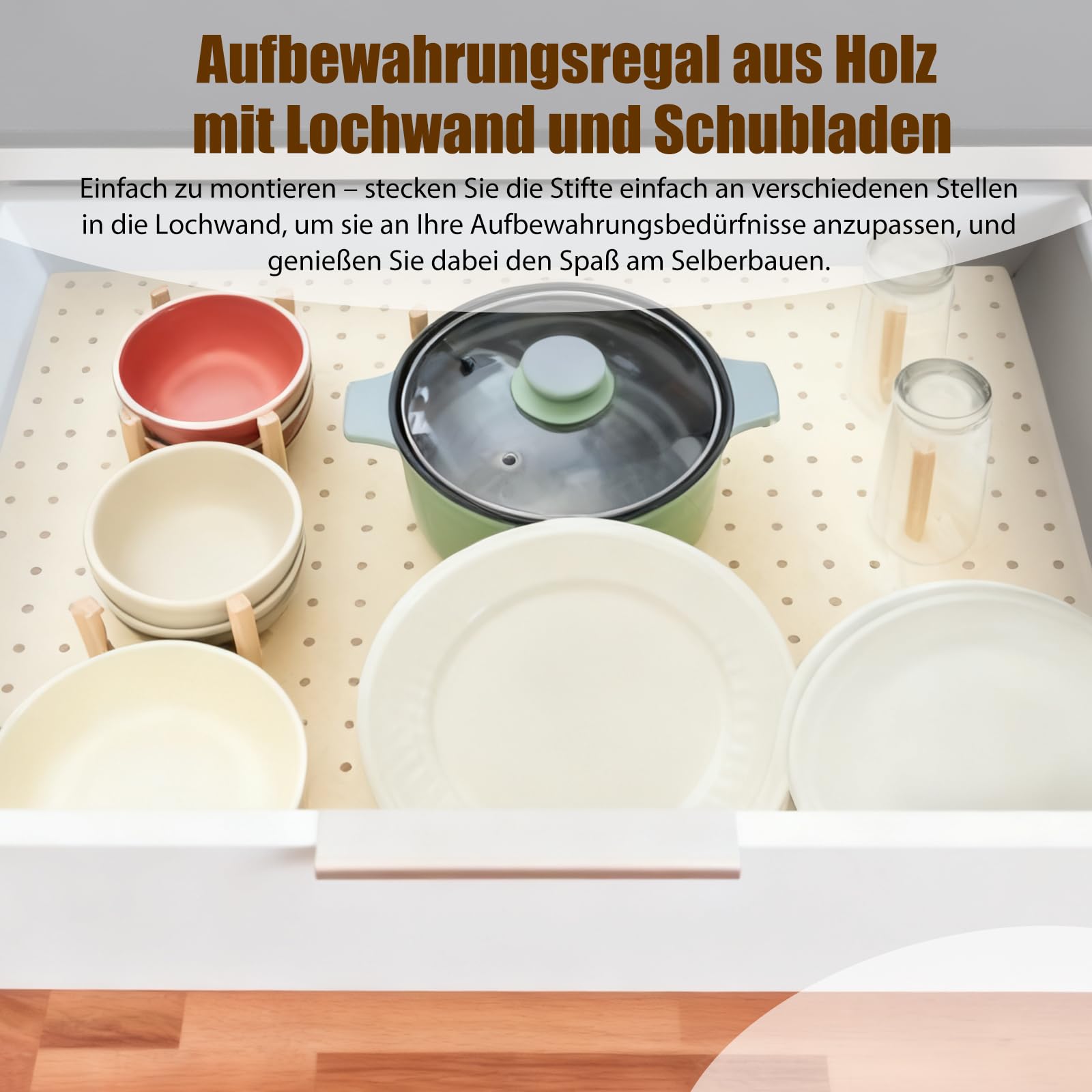 Stecktafel Schublade Organiser, 4 Stück Holz Peg Board System mit 32 Holzstab, 53.3 x15 x1cm Einstellbare Holz Teller Organizer Tablett, Schublade Organizer für Geschirr, Küche Stecktafel