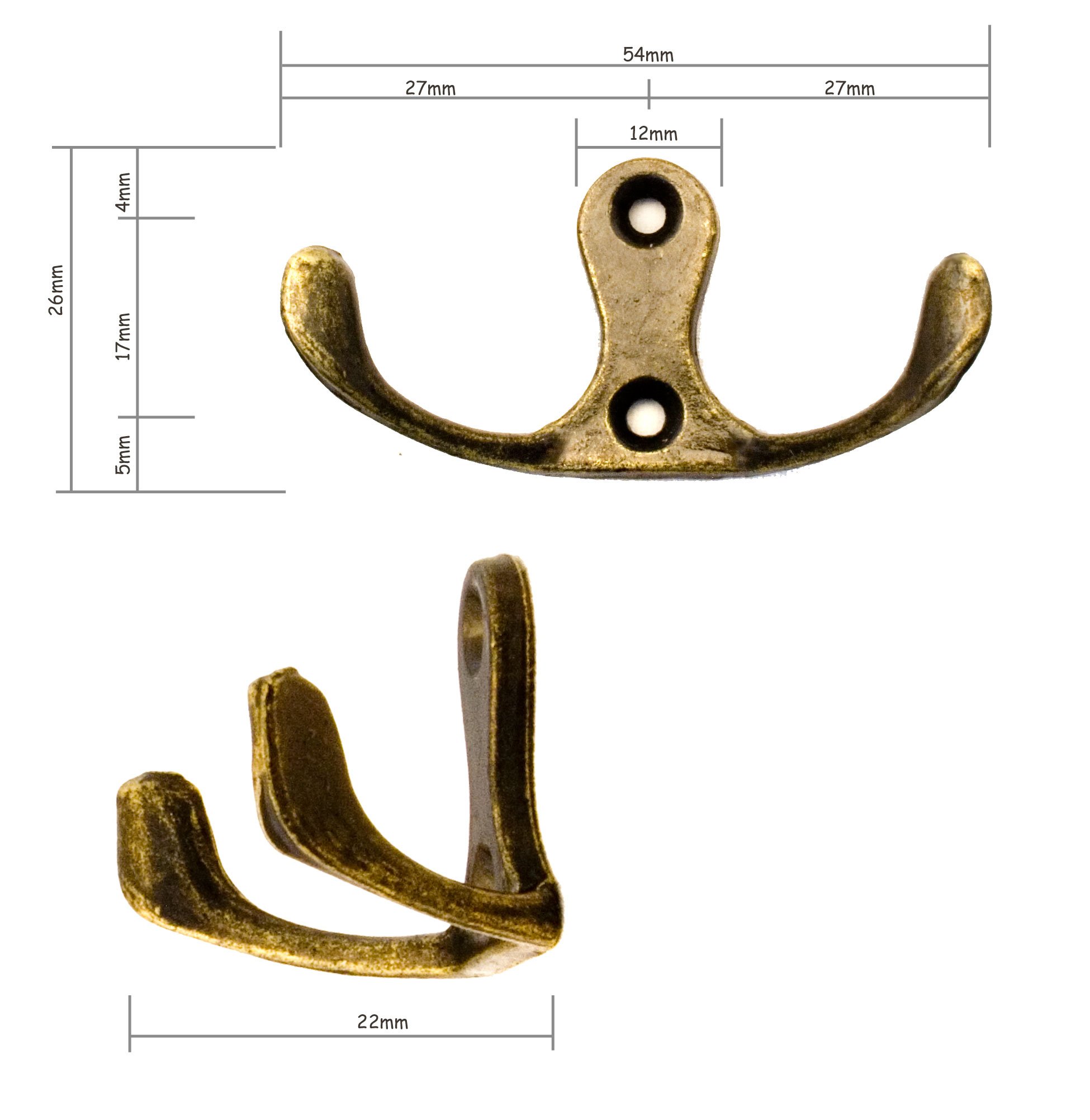 Fuxxer® Gancio doppio antico, gancio per cappotto, gancio per asciugamano, gancio in ferro con design in ottone e bronzo, vintage country house retrò, set da 6